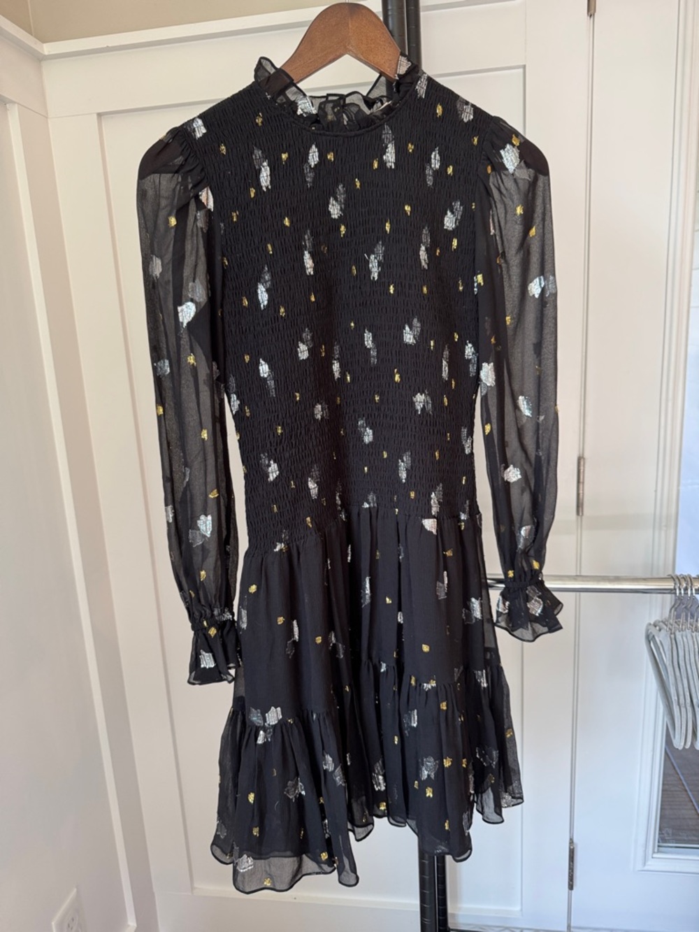 Rebecca Taylor Black Dress with Silver and Gold Metallic Accents